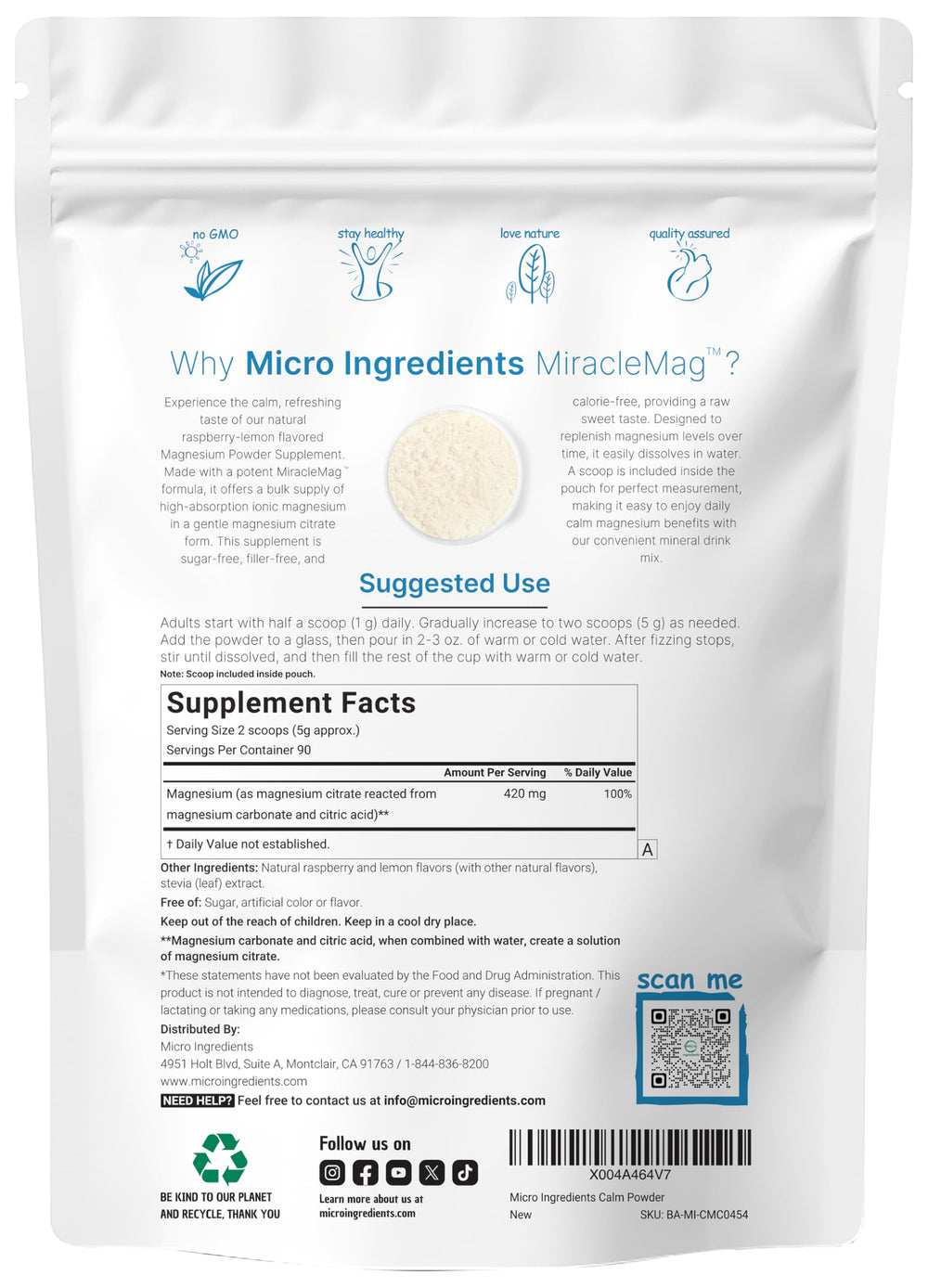 Side view of MiracleMag Calm Magnesium Powder 1lb packaging