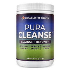 Miracles of Health Pura Cleanse bottle showcases premium detox blend for daily gut support