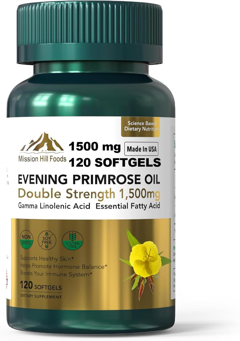 Mission Hill Foods 1500mg Evening Primrose Oil capsules bottle front view