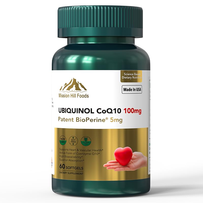 Mission Hill Foods Ubiquinol CoQ10 bottle with 60 softgels