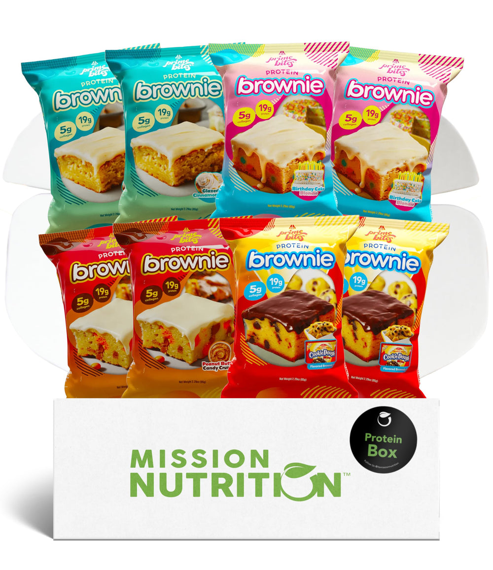 Mission Nutrition Prime Bites variety pack box with eight protein treats ready to snack