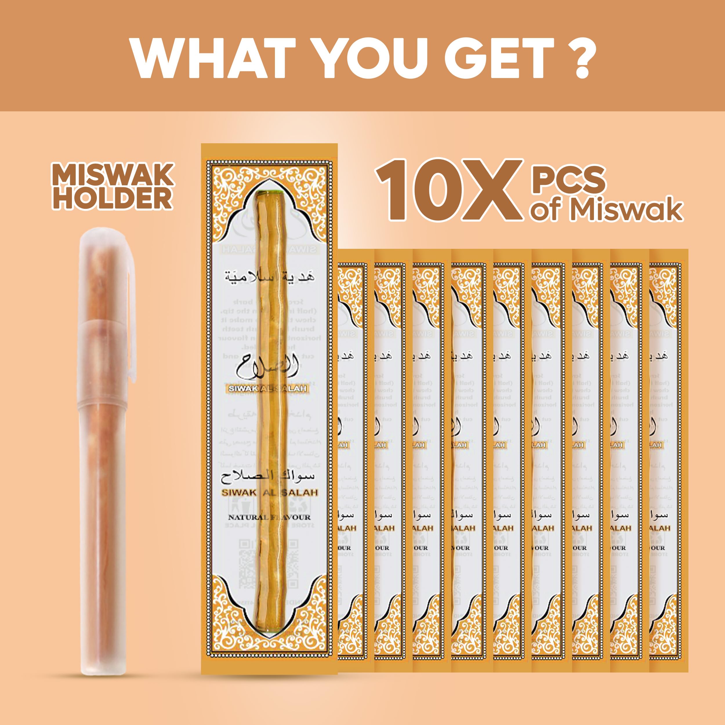 Open pack displaying 10 Miswak toothbrushes