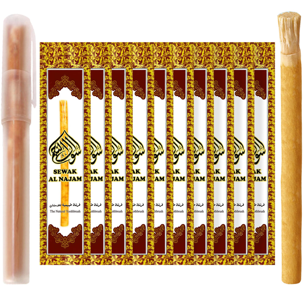 Miswak traditional toothbrushes (10-pack) with clove holder — front view