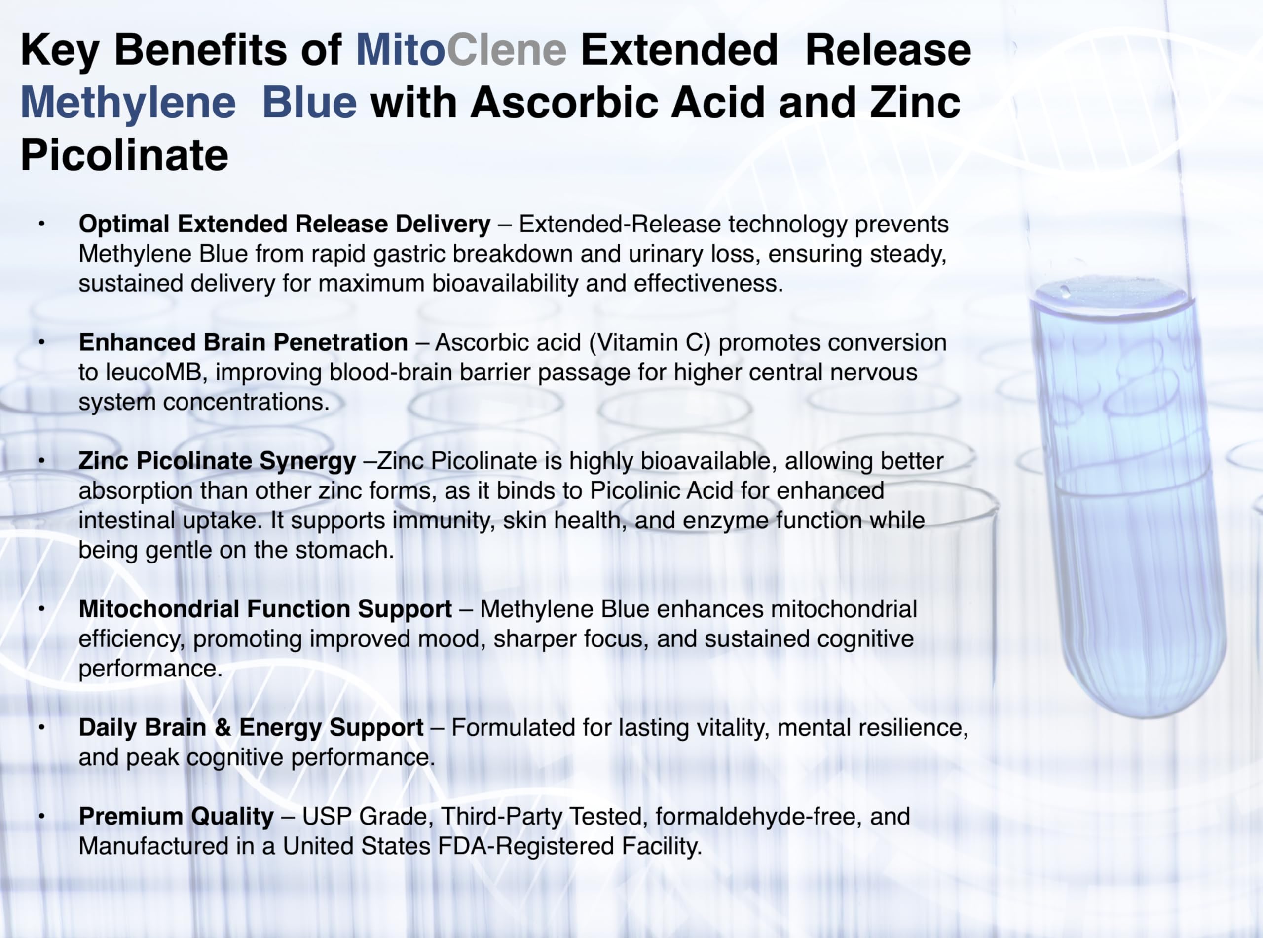 Back panel of MitoClene bottle with supplement facts