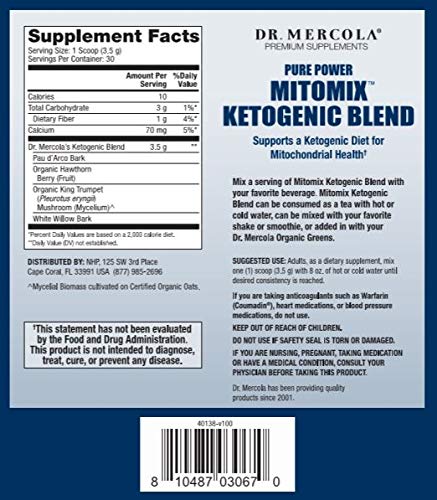 Packaging of Dr. Mercola MITOMIX Ketogenic Blend – Non-GMO, Gluten-Free, Soy-Free