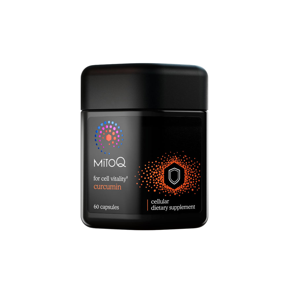 Bottle of MitoQ Curcumin Advanced CoQ10 supplement (60 capsules)
