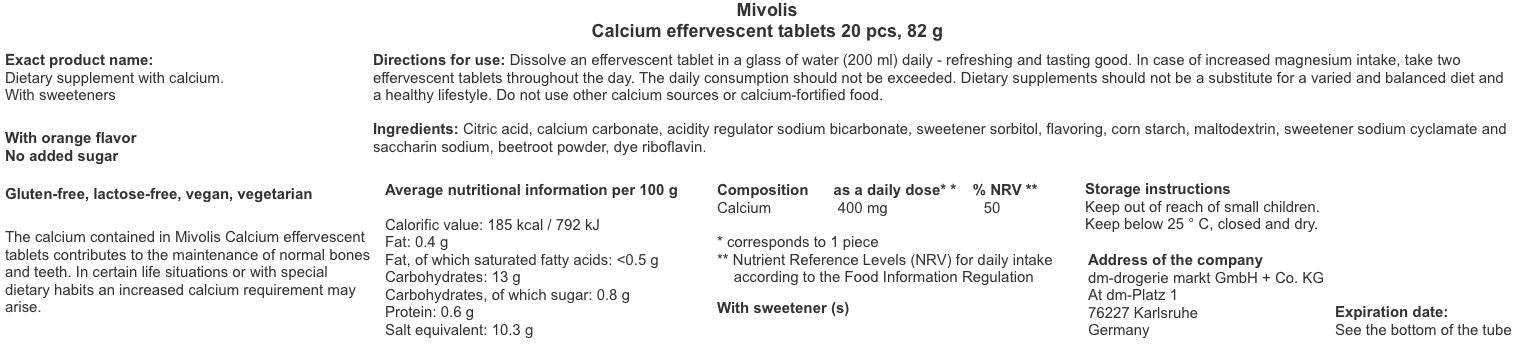 Ingredients list for Mivolis Calcium effervescent tablets