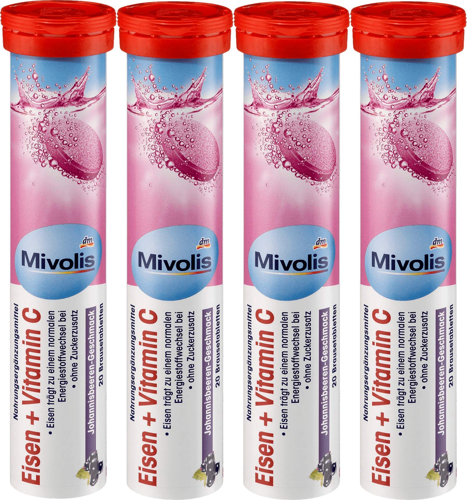 Mivolis Iron + Vitamin C effervescent tablets on white background