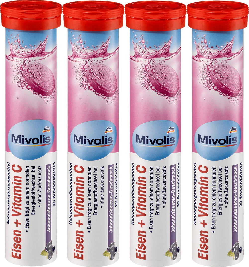 Mivolis Iron + Vitamin C effervescent tablets on white background