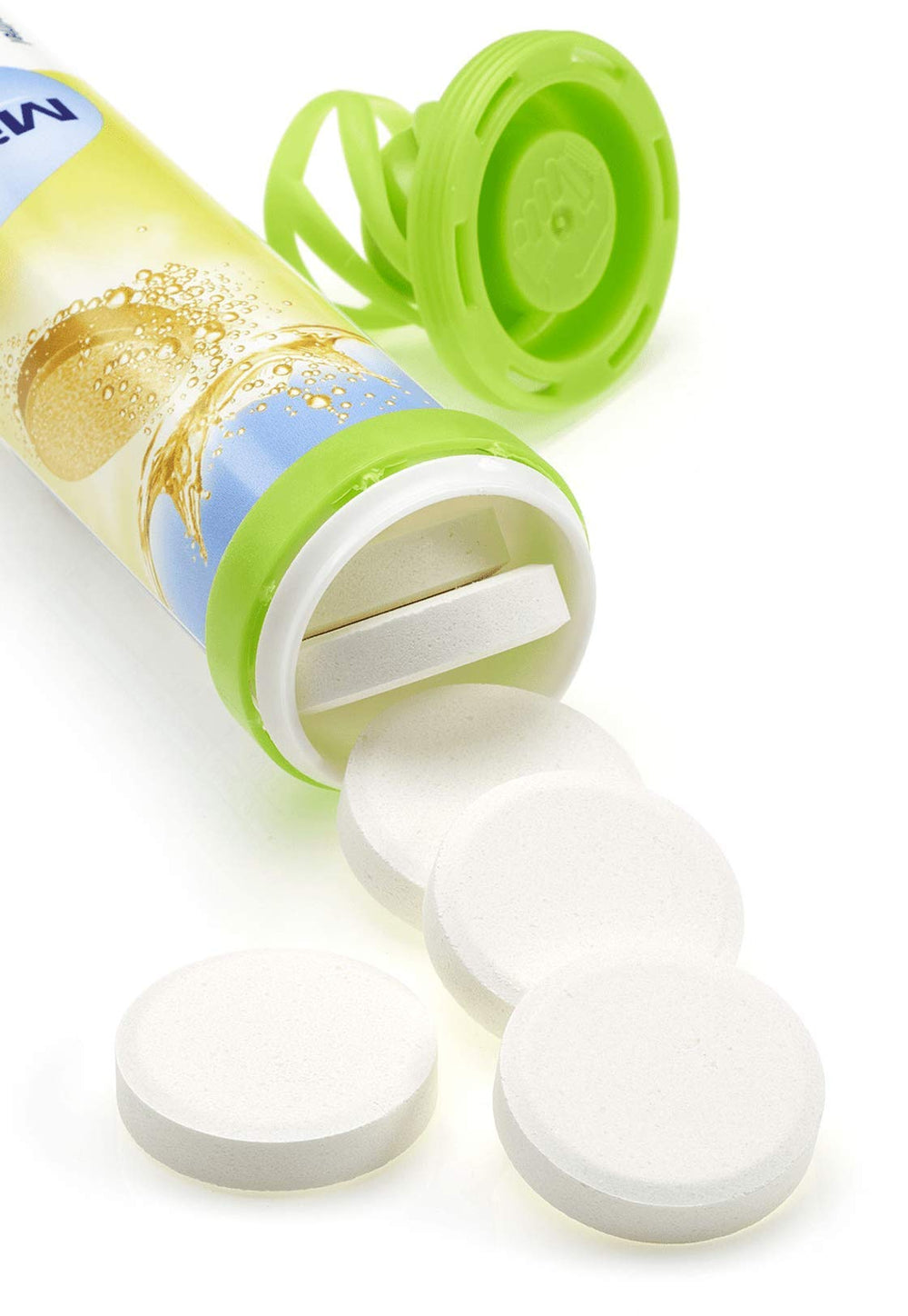 Close-up of dissolving Mivolis Magnesium effervescent tablet in water