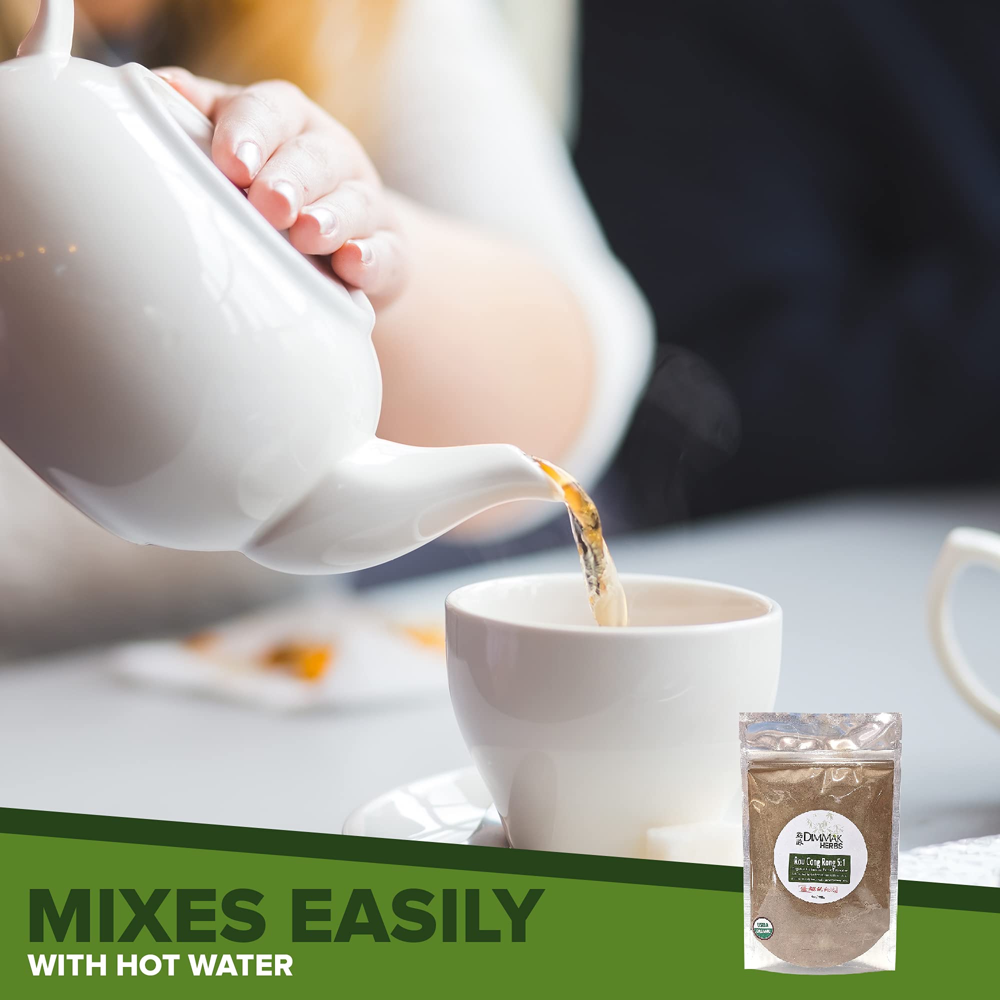Powder that easily mixes with hot water, smoothies, or shakes