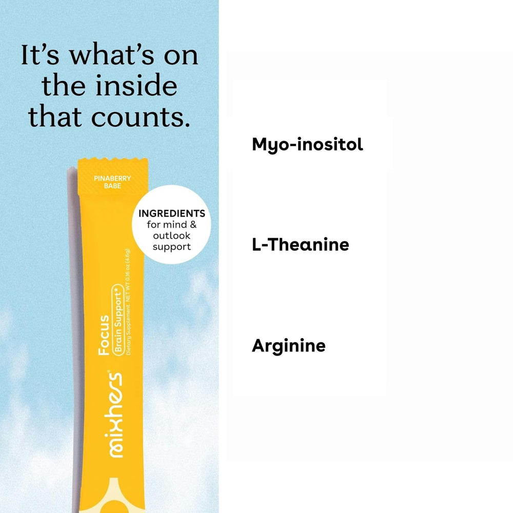 MIXHERS Focus label close-up highlighting caffeine-free formulation.