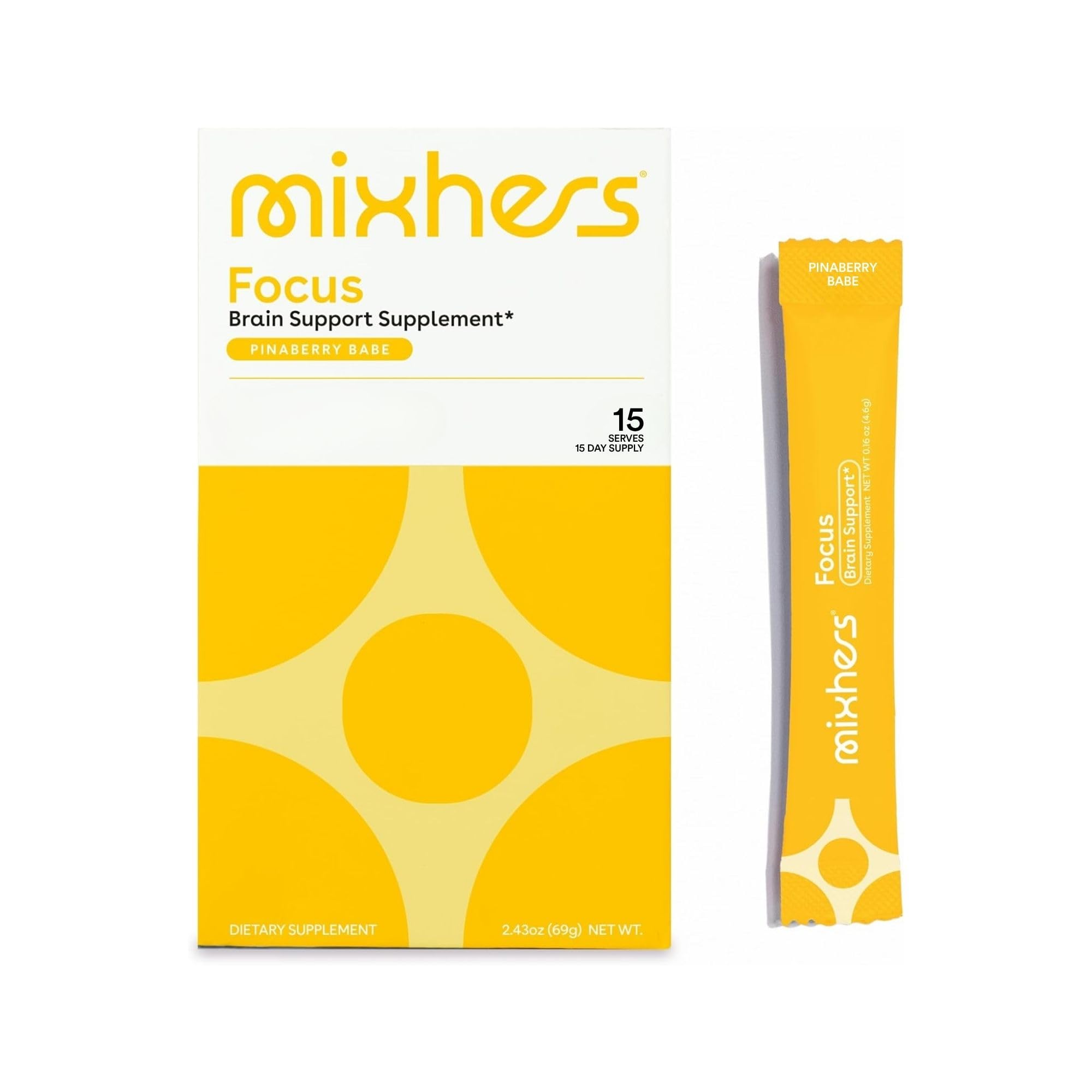MIXHERS Focus pineapple-berry packet close-up for caffeine-free brain support.