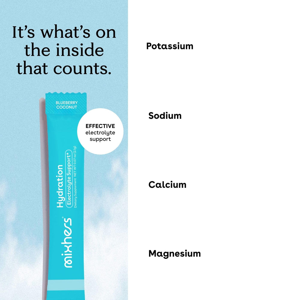 Mixhers Hydration zero sugar label on pack indicating sugar-free formula