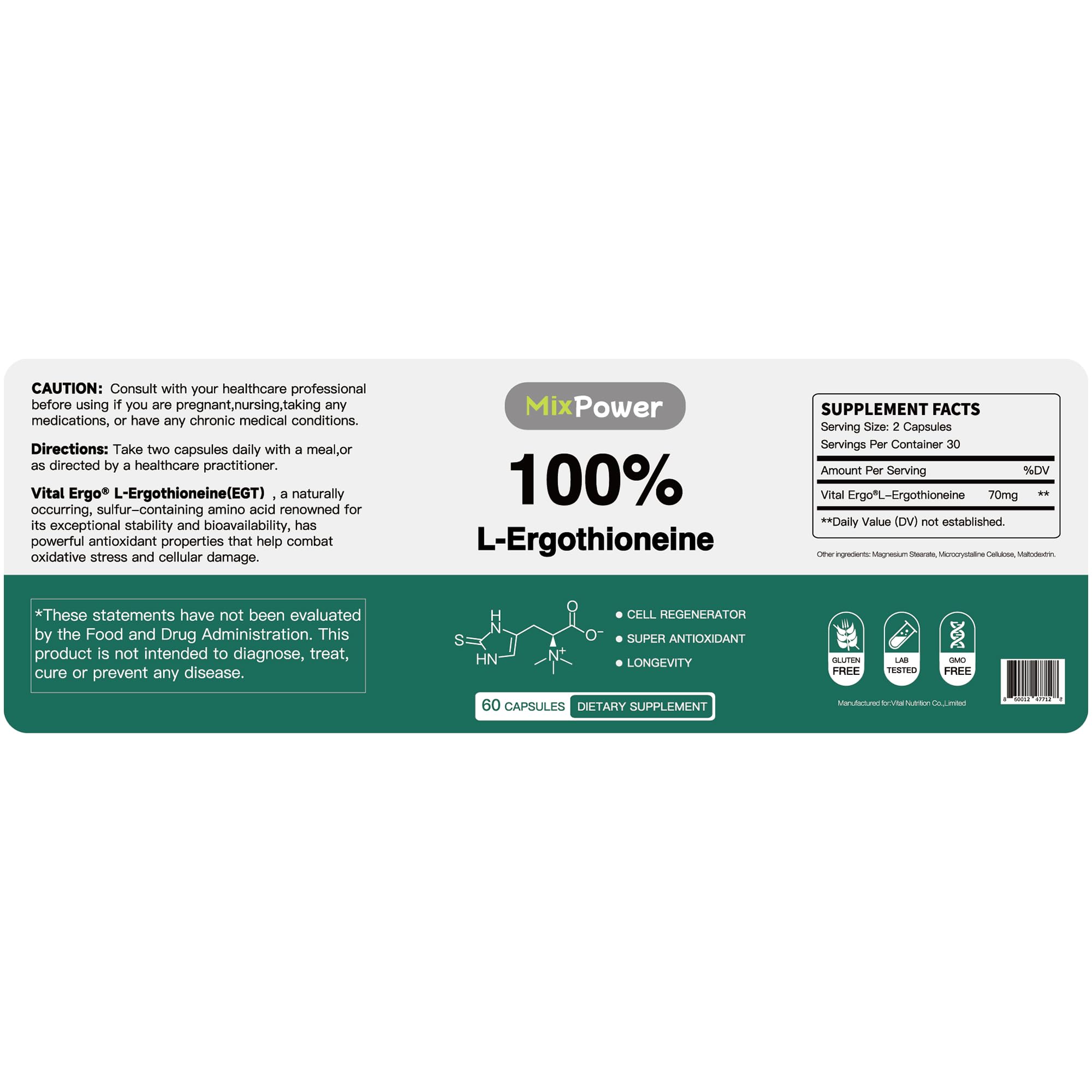 MixPower EGT 70mg capsules label close-up