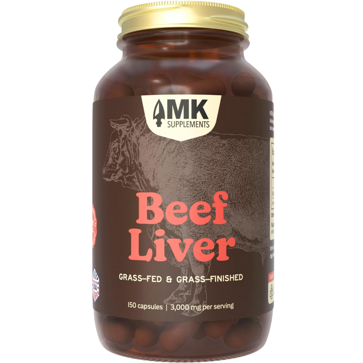 Front view of MK Supplements Grass Fed Beef Liver supplement bottle