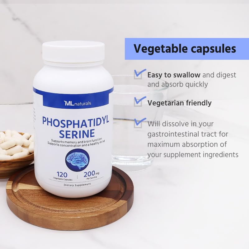 Non-GMO and gluten-free labeling on ML Naturals PS 200 mg bottle