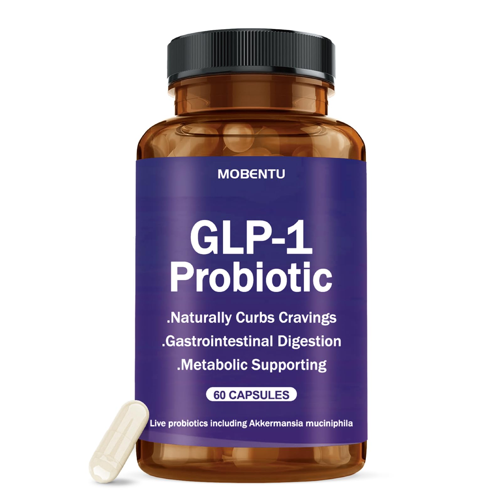 MOBENTU GLP-1 Probiotic bottle with Akkermansia supports metabolic wellness.