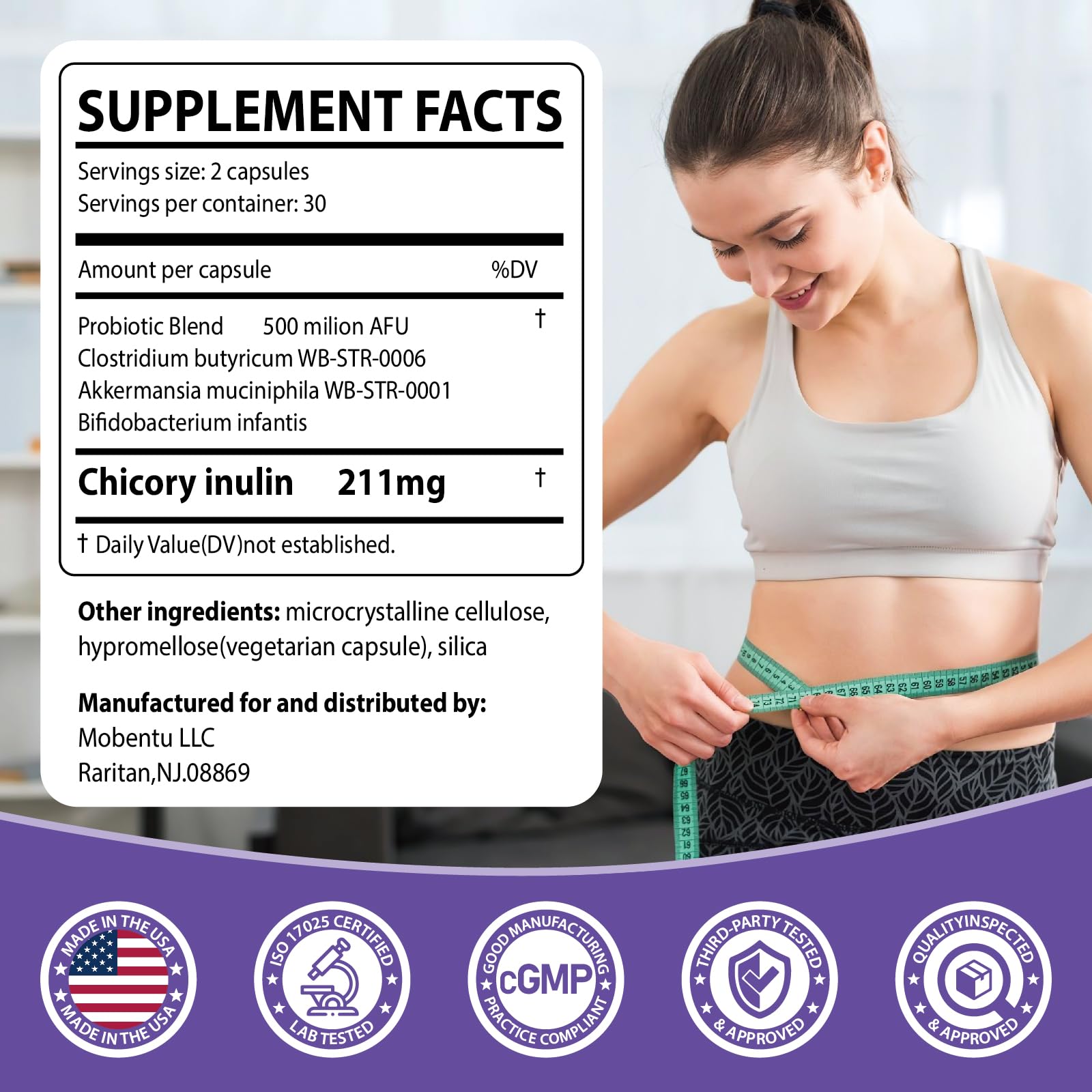 MOBENTU GLP-1 Probiotic capsules closeup for digestive support.