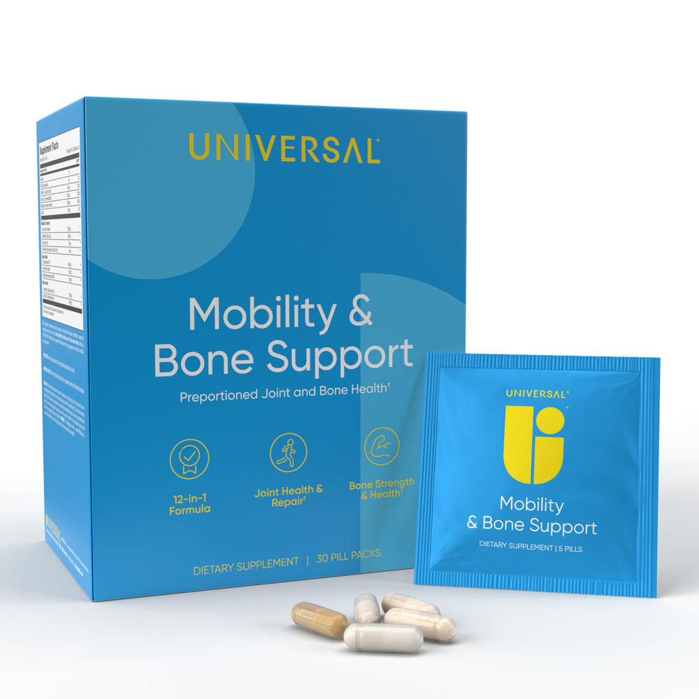 Front view of Mobility & Bone Daily Multivitamin 30-pack box and individual packs