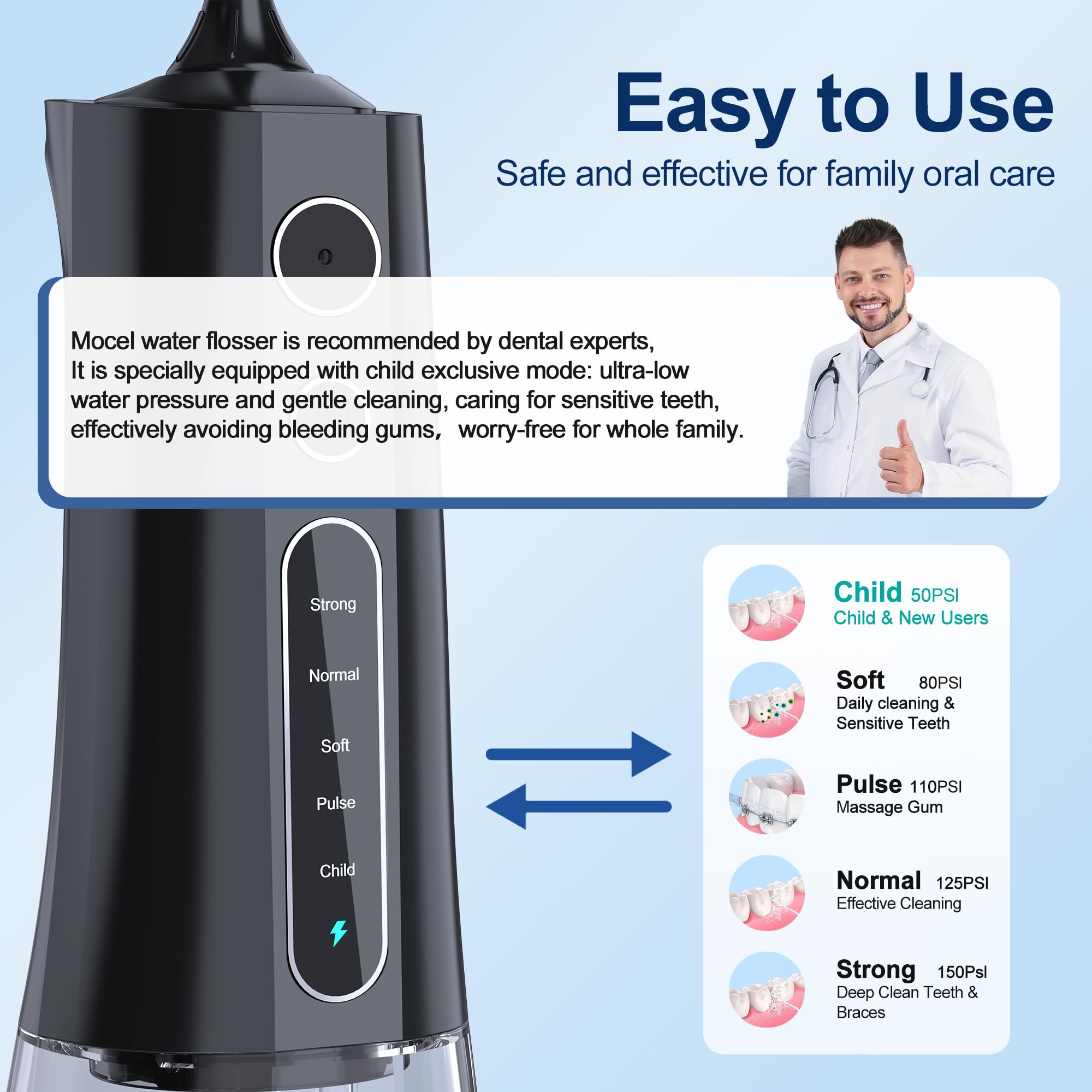 Cordless water flosser showing 5-mode settings