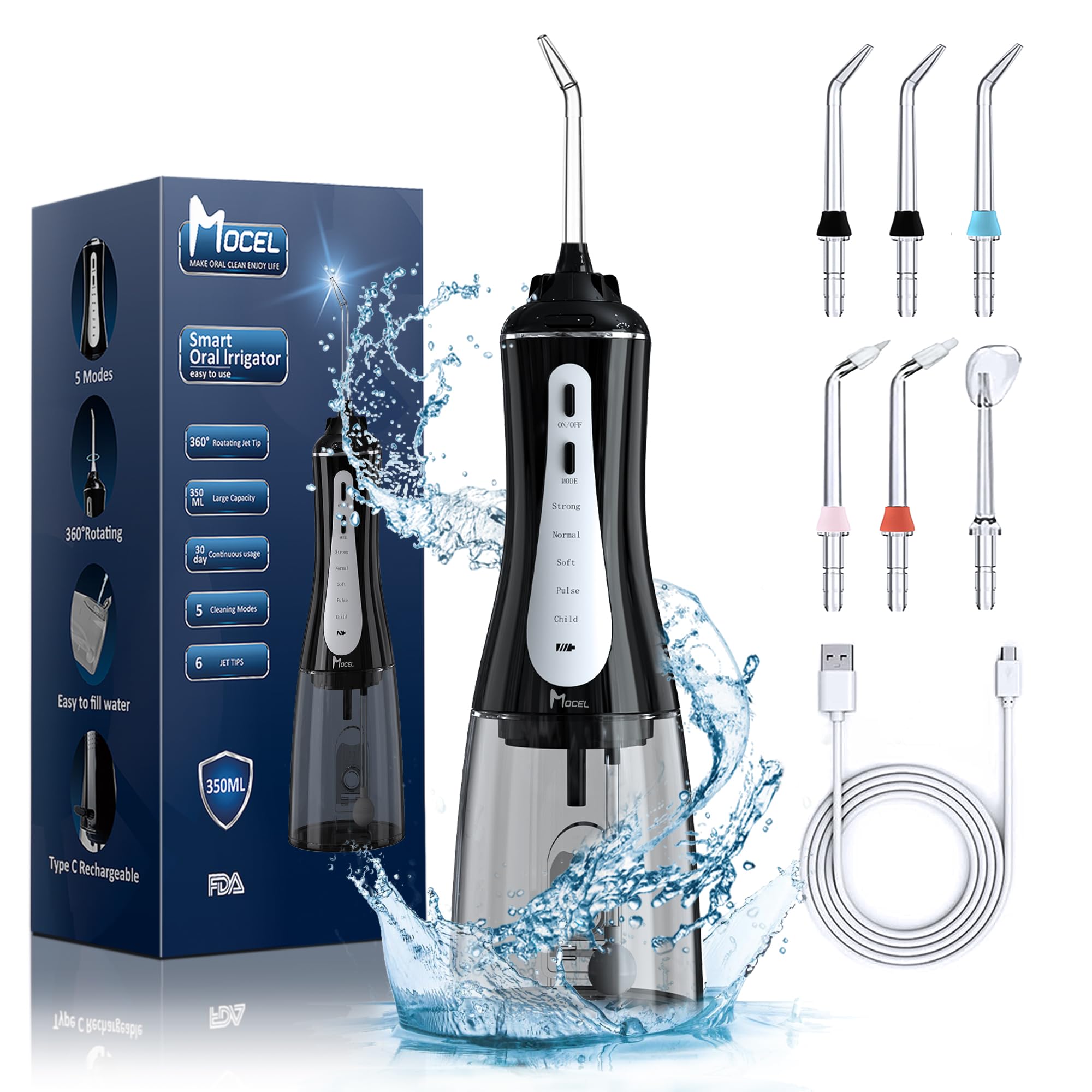 MOCEL Water Dental Flosser held in hand showcasing 350ml tank