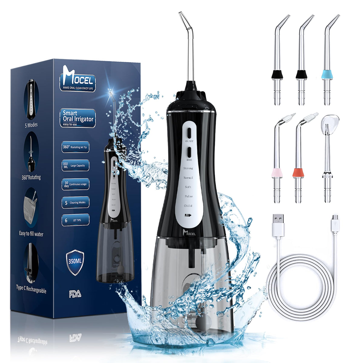 MOCEL Water Dental Flosser held in hand showcasing 350ml tank