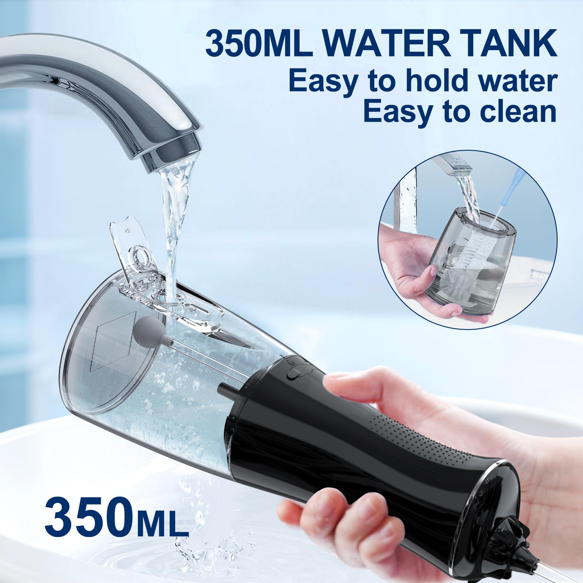 IPX7 waterproof design and 350ml tank of MOCEL water flossers