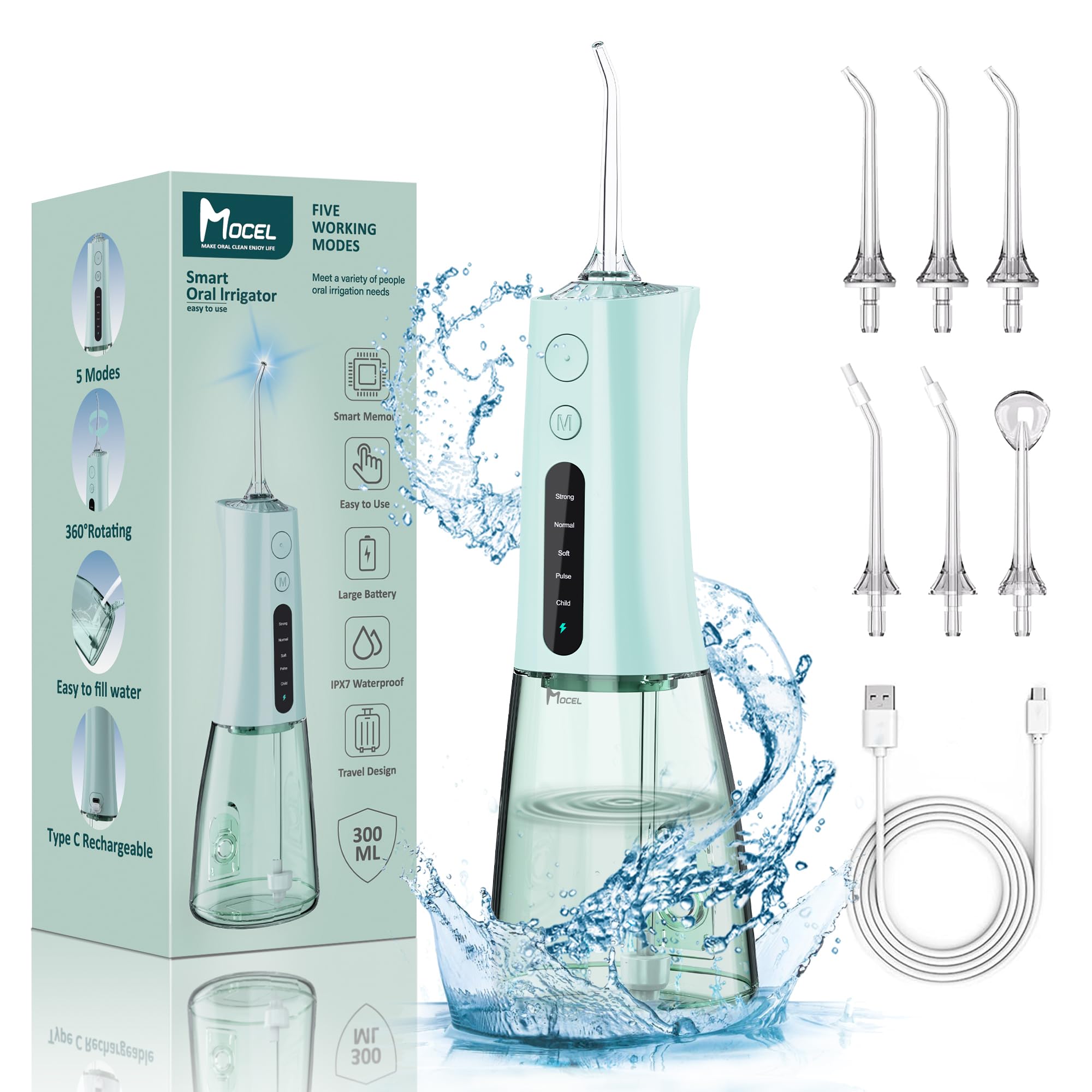 MOCEL Water Flosser OLED Display front view in green