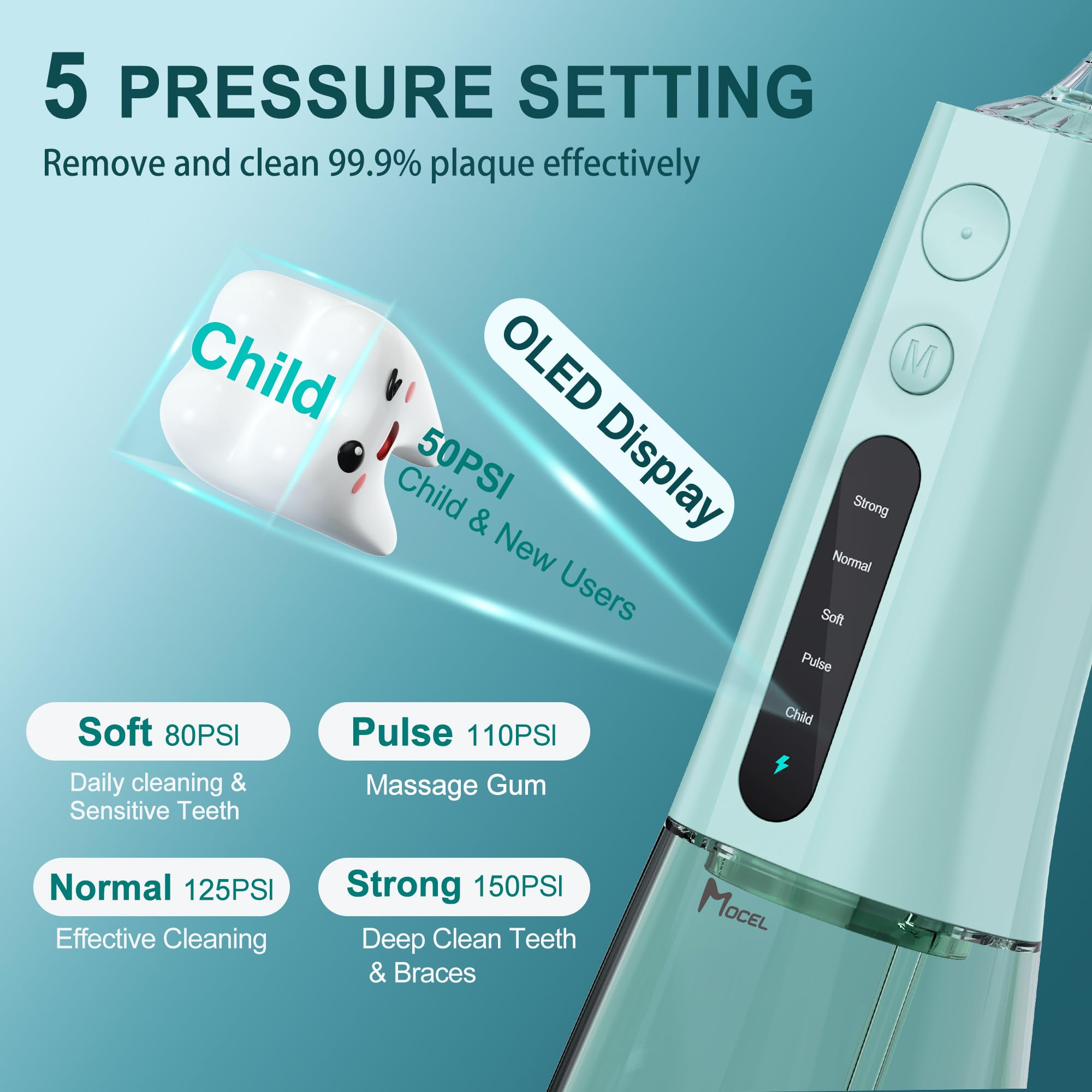 MOCEL Water Flosser OLED Display side view in green