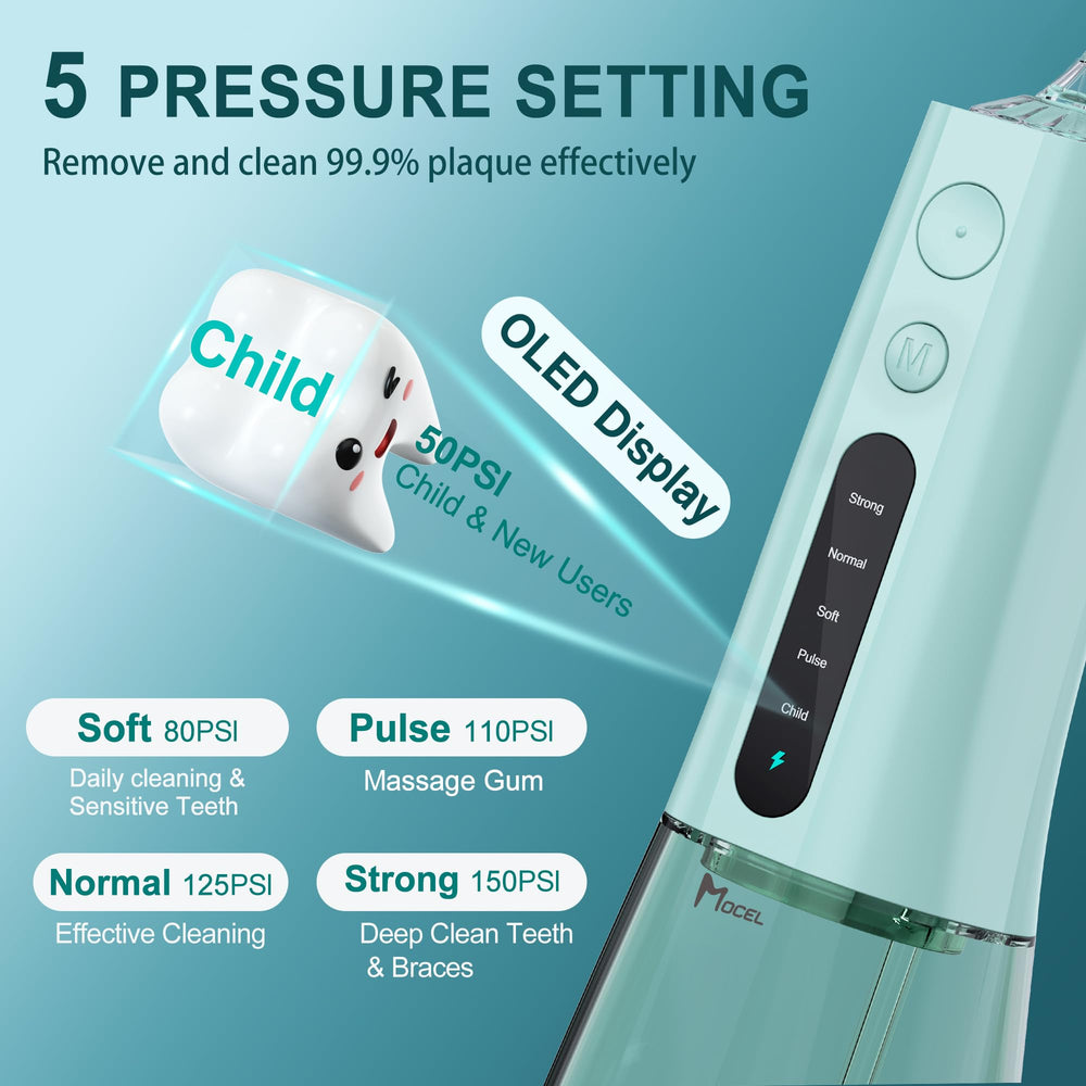MOCEL Water Flosser OLED Display side view in green
