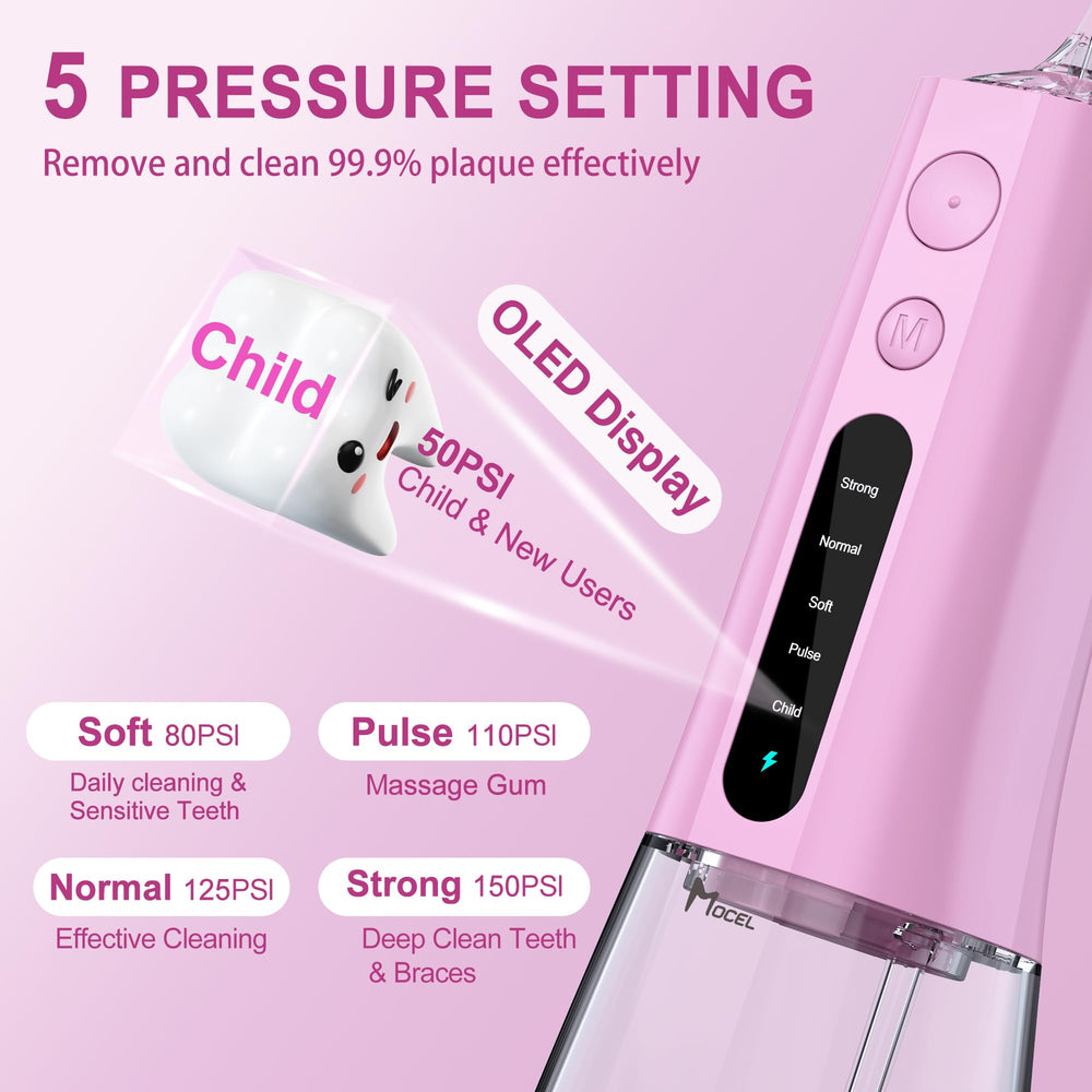 Cordless pink water flosser with 300ml reservoir and five modes