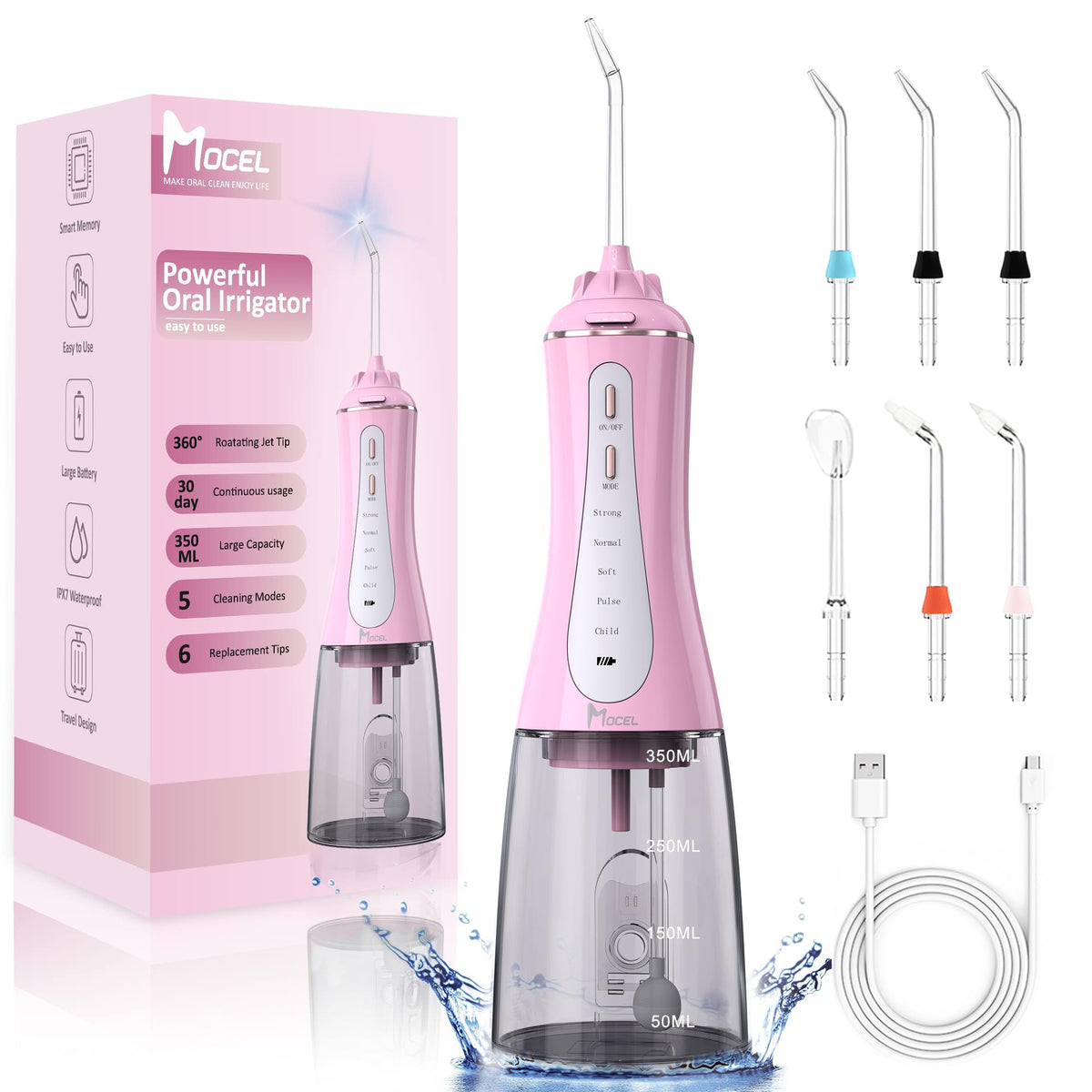 MOCEL Water Flosser Pink with 350ml tank and 5 cleaning modes
