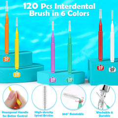 Interdental brushes in 6 color-coded sizes for braces and gaps