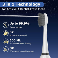 Device showing 3 brushing modes and 5 water flossing speeds