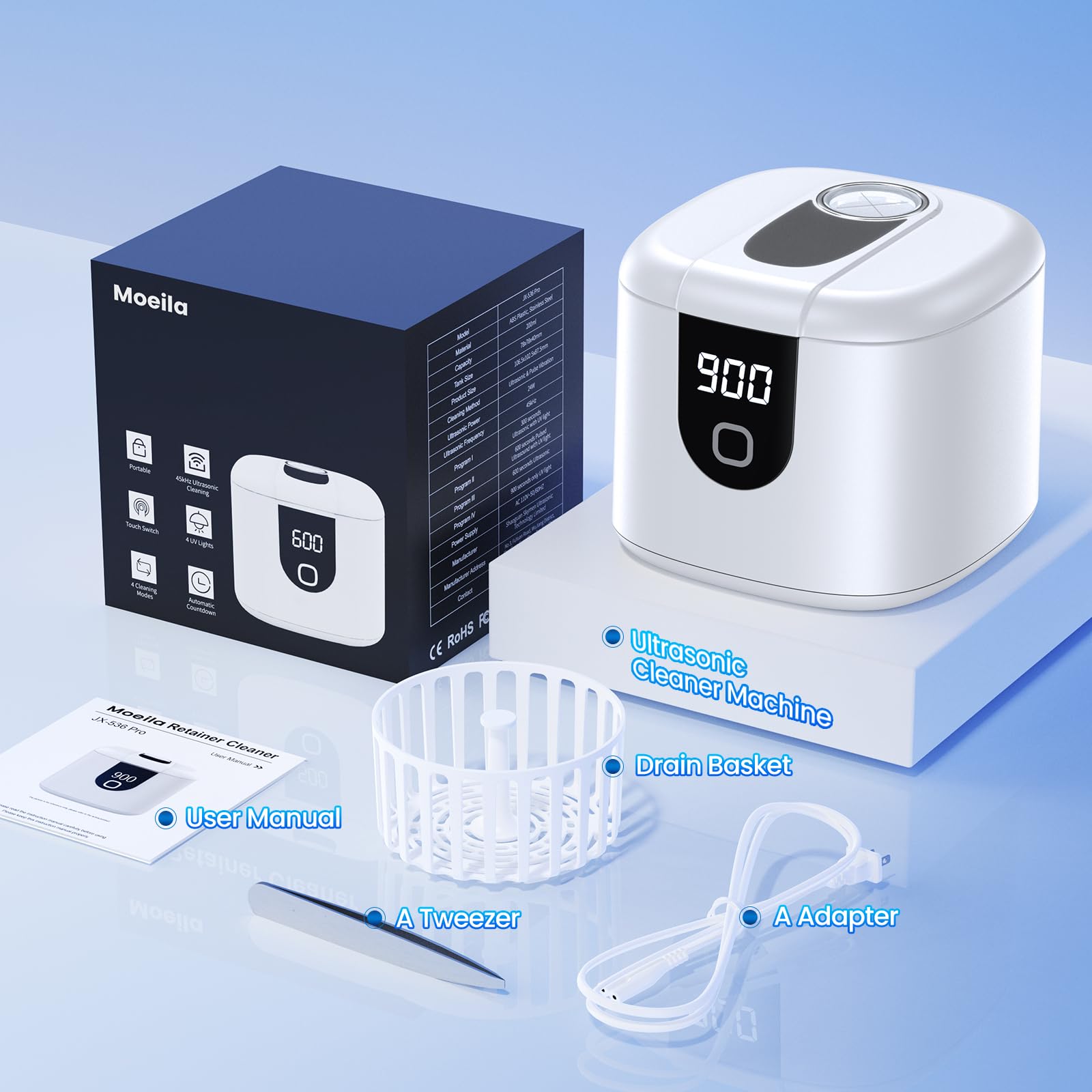 Moeila ultrasonic cleaner packaging and white color