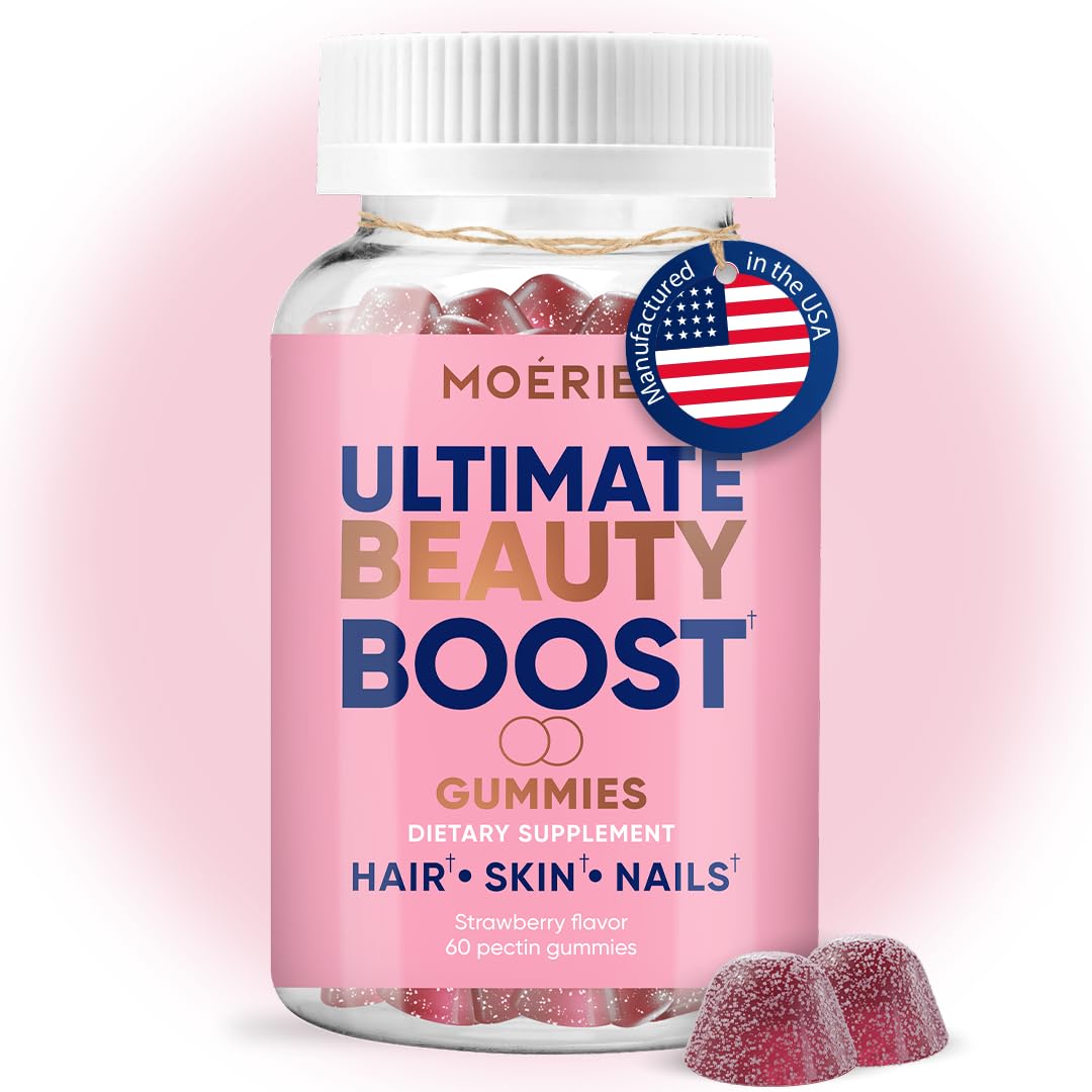 Moerie Hair Skin Nails Gummies – hero image with bottle and gummies