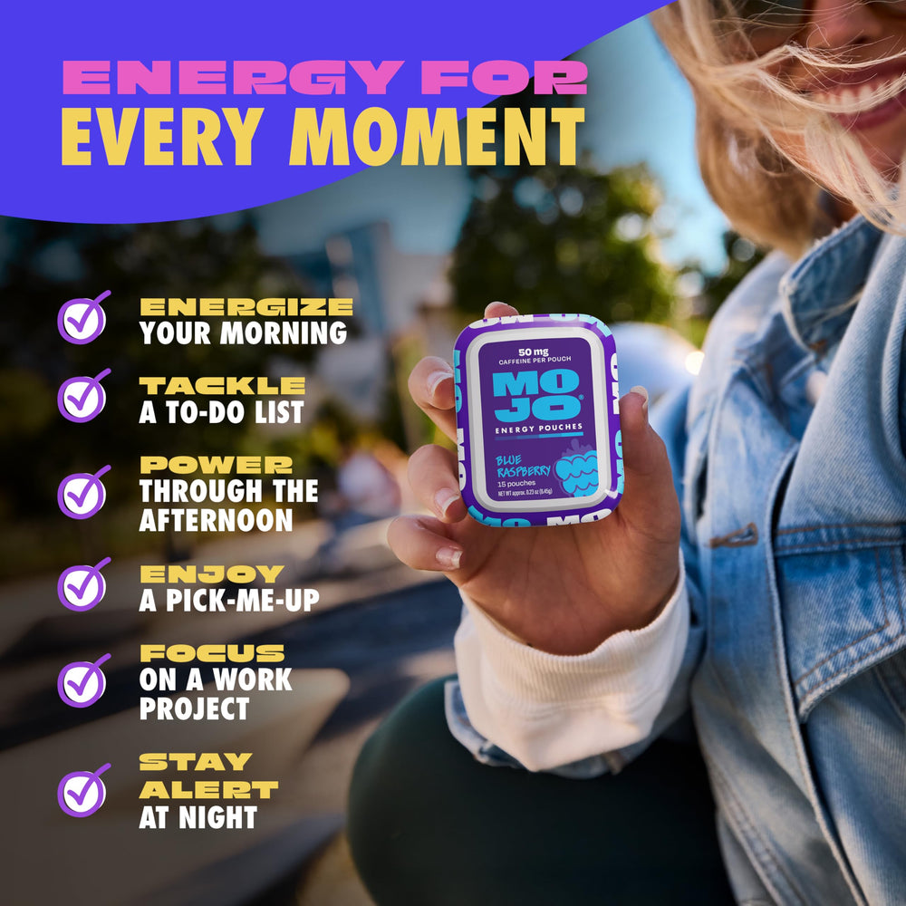Back of MOJO Energy Pouches Blue Raspberry pack