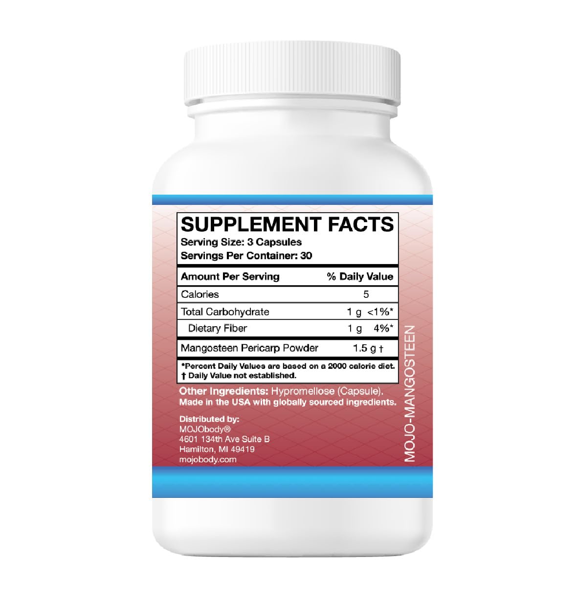 Label showing ingredients and net quantity for MOJObody capsules