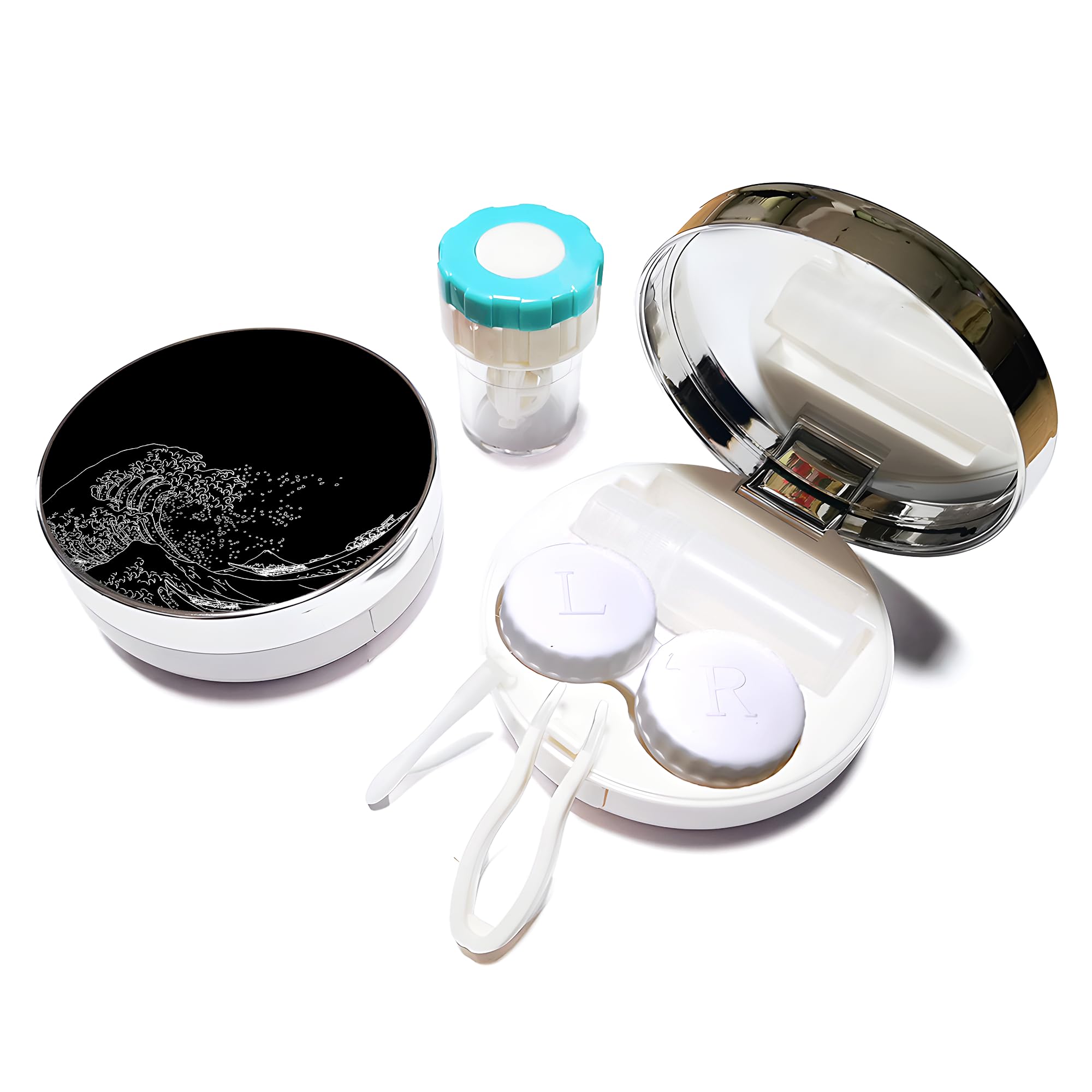 Mokiwala 5-in-1 contact lens travel kit laid out with mirror, tweezers, remover tool and solution bottle