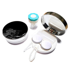 Mokiwala 5-in-1 contact lens travel kit laid out with mirror, tweezers, remover tool and solution bottle