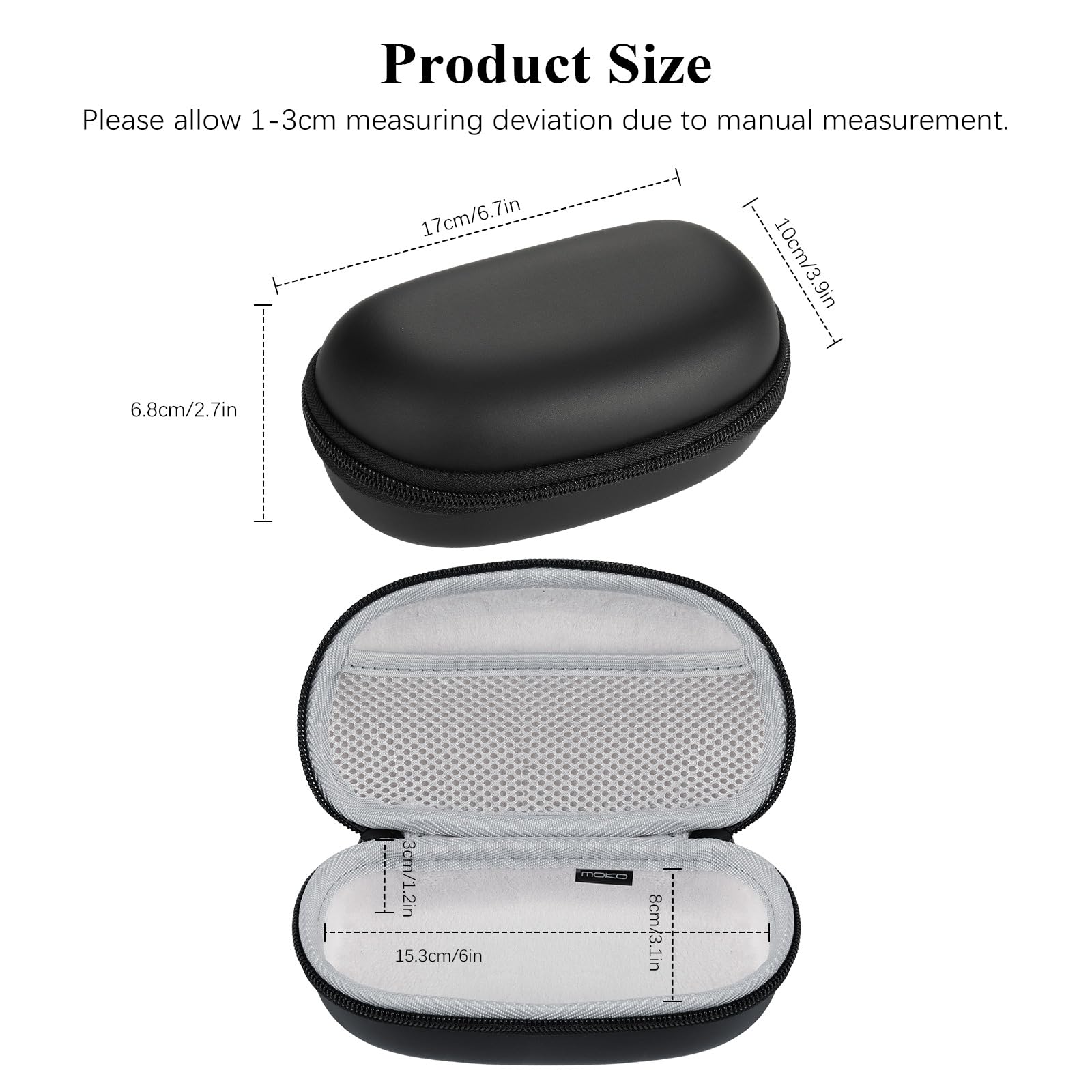 Inside view showing mirror, compartments and mesh pocket