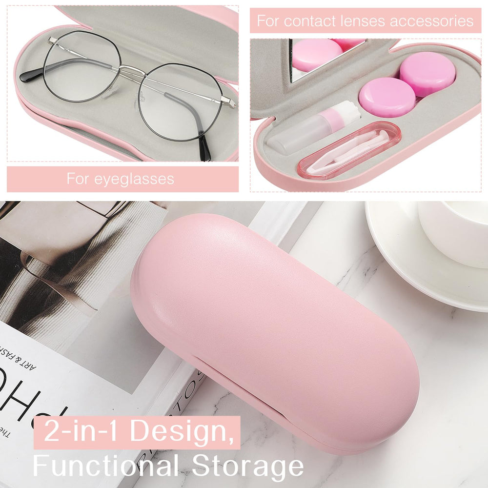 Open MoKo case showing two compartments for glasses and contact lenses, pink