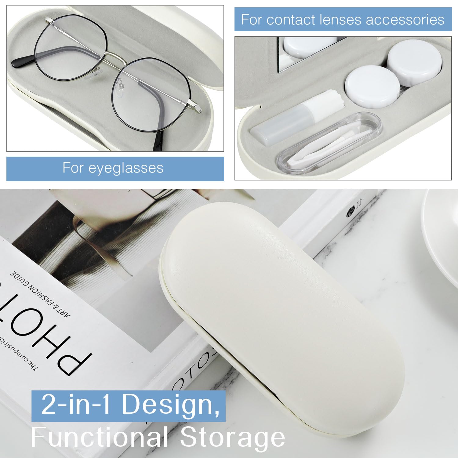 Two-sided case showing eyeglasses side and contact lens side