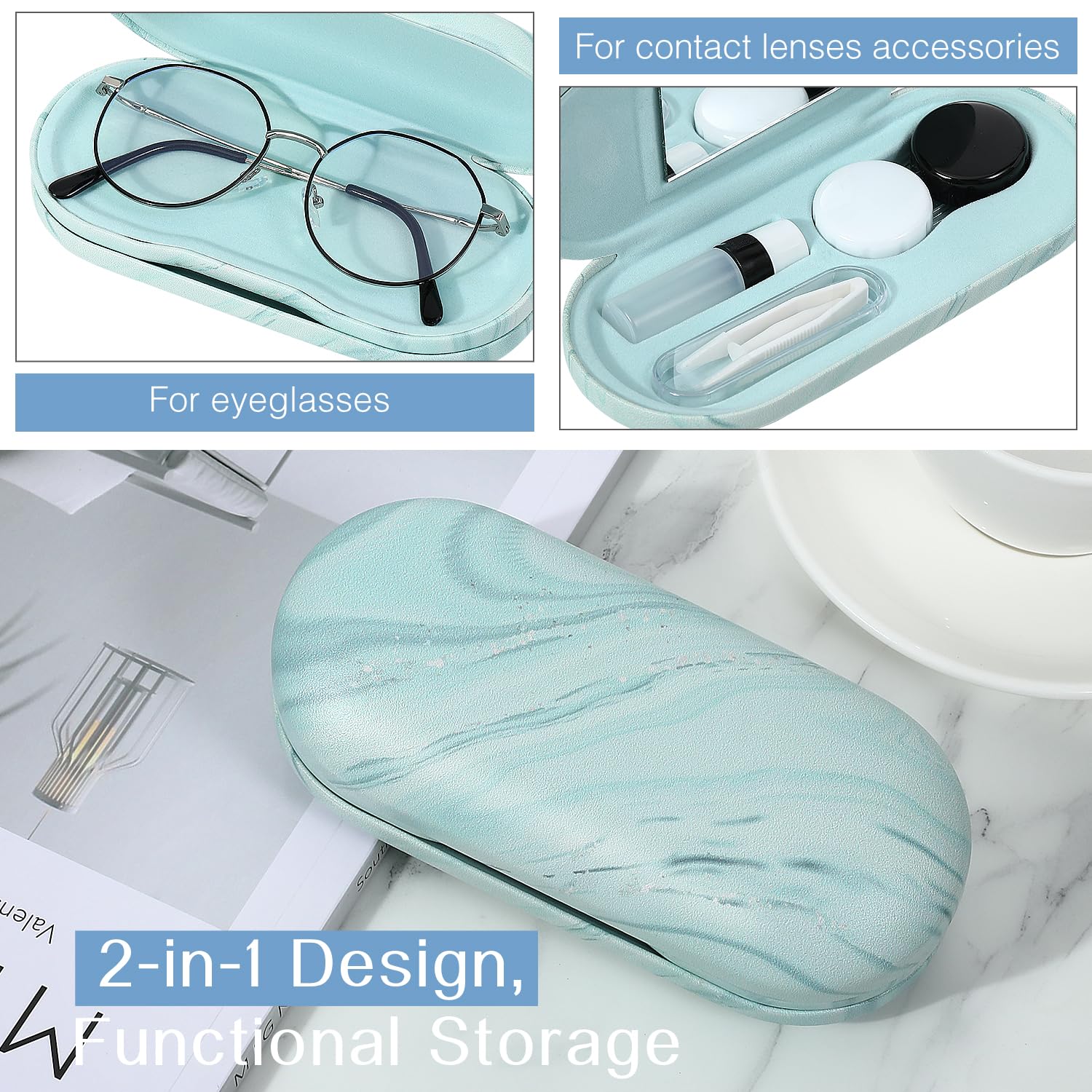 Interior view showing two sides for eyeglasses and contact lens accessories