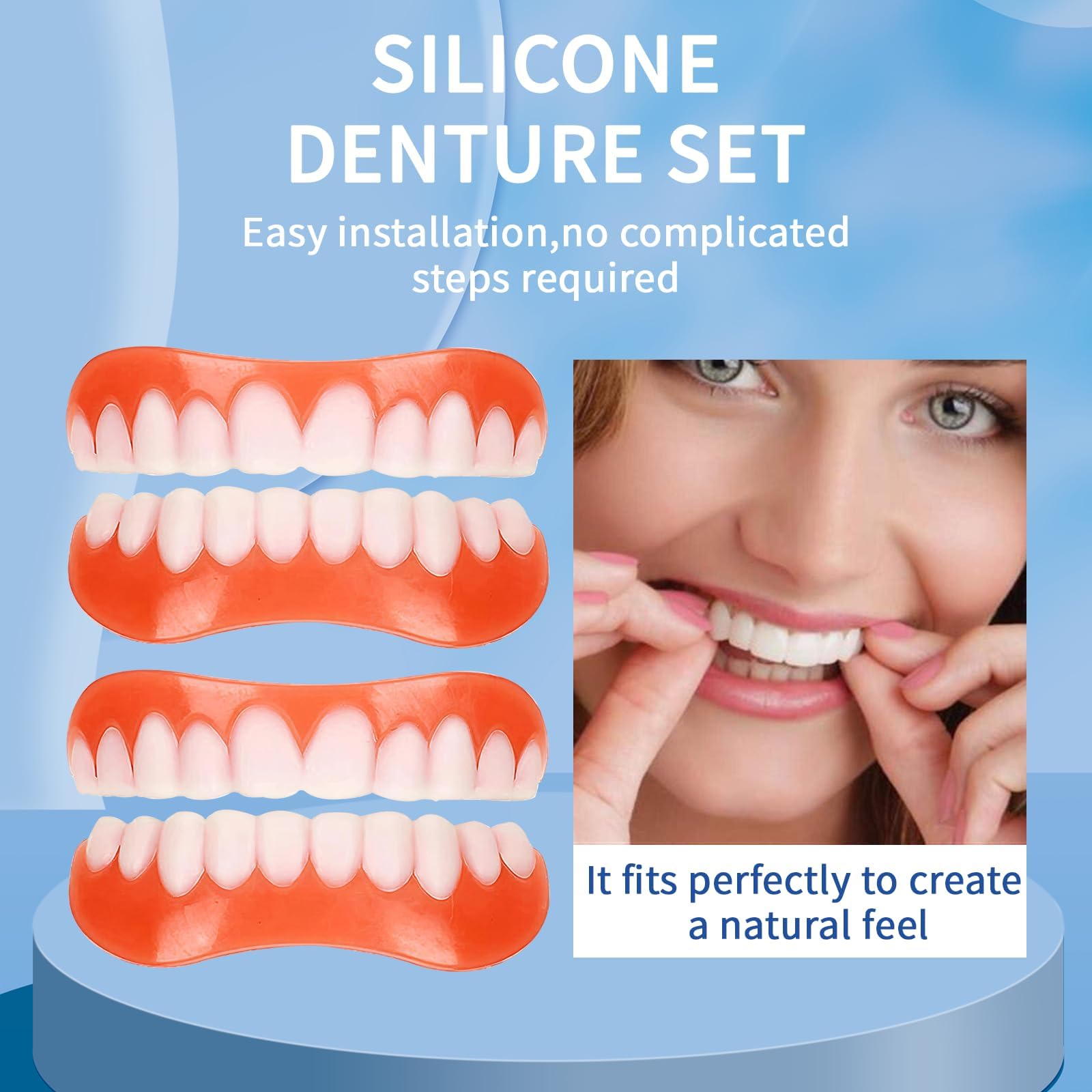 Upper and lower moldable silicone denture set