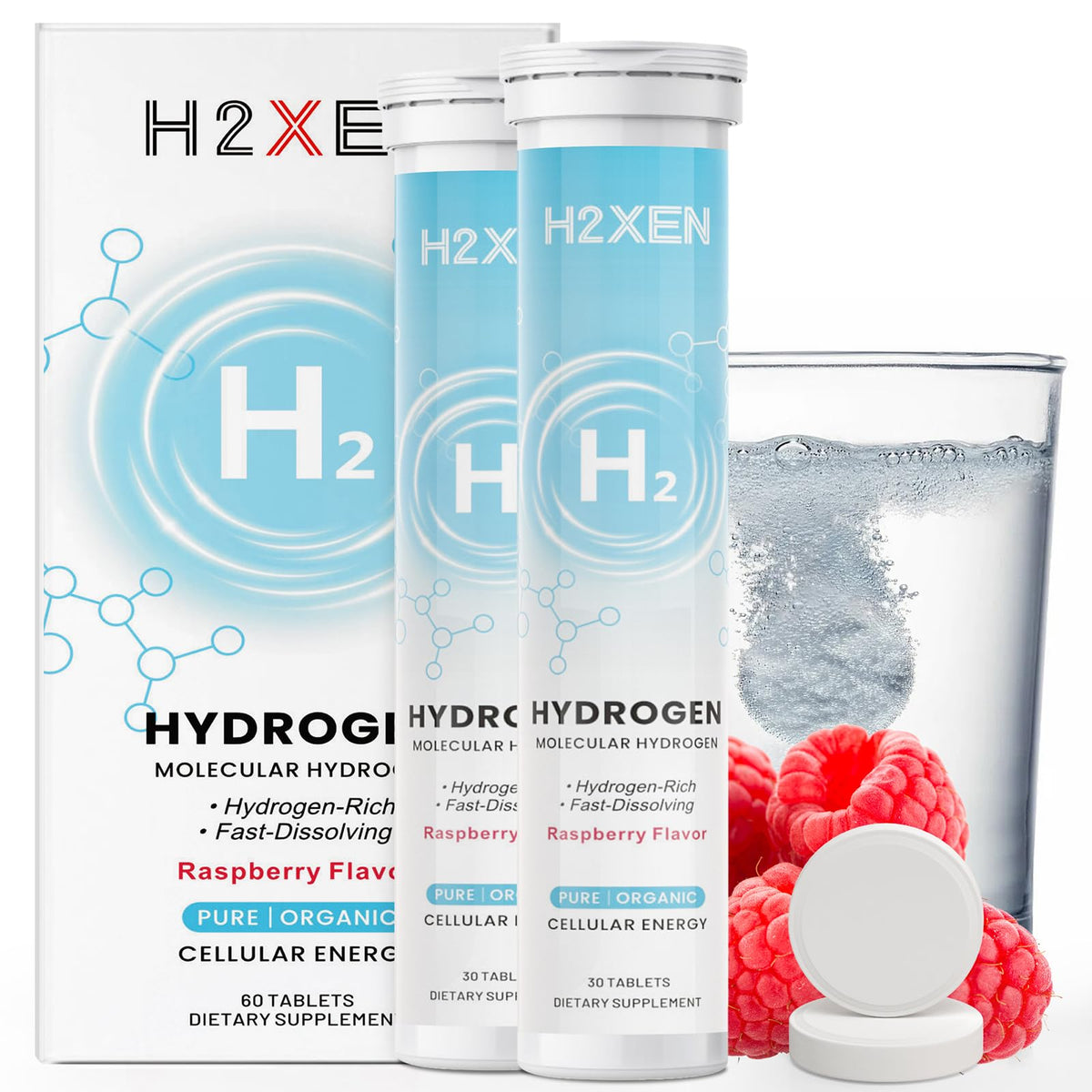 Molecular hydrogen tablets with raspberry flavor bottle, 60-count