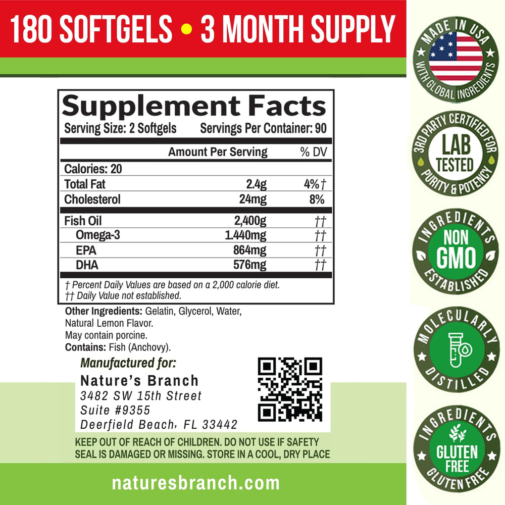 Molecularly distilled omega-3 fish oil bottle