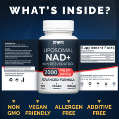 Ingredient panel showing NAD+ 2000 mg and Resveratrol 150 mg