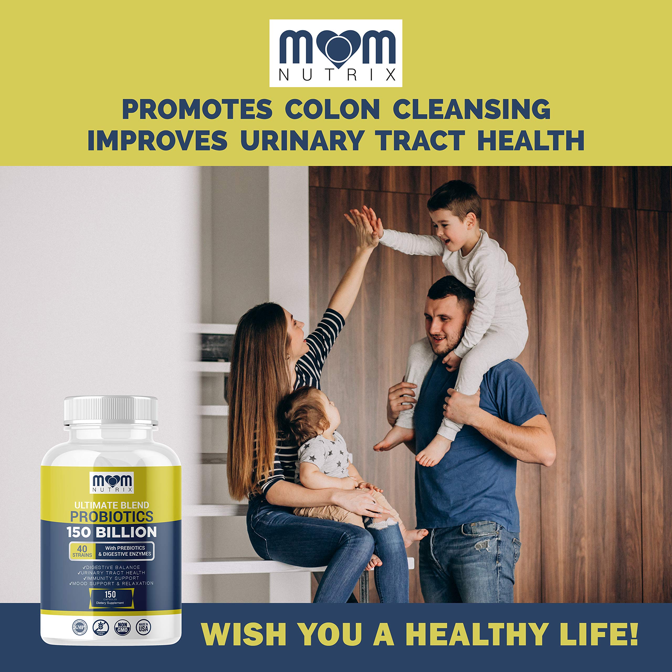 MOM NUTRIX probiotic packaging showing Made in USA and 150 capsules